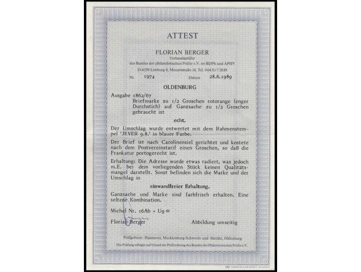 ½ Gr. rotorange als Zufrankatur auf Ganzsachenumschlag ½ Gr. orange mit über Marke und Wertstempel abgeschlagenem blauen Ra2 
