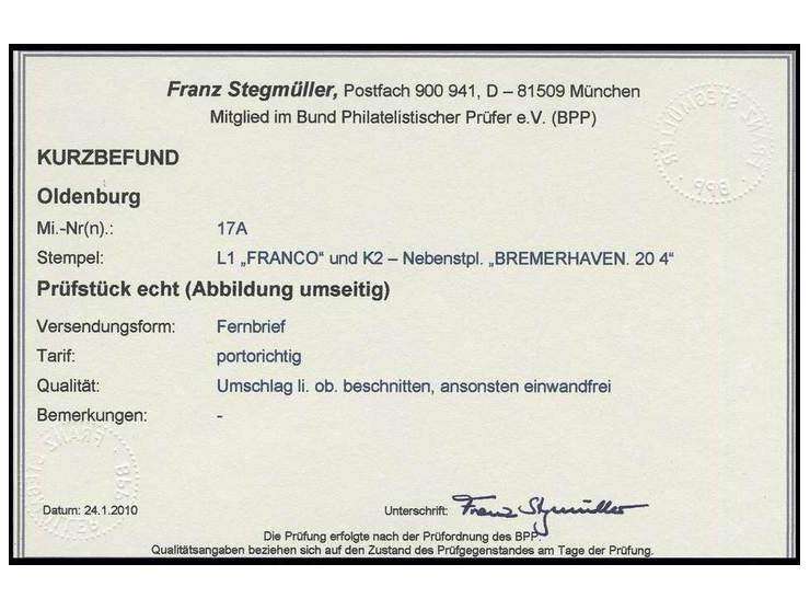 1 Gr. karmin mit schwarzem L1 "FRANCO" und nebengesetztem Schlüsselstempel "BREMERHAVEN 20 4" auf links oben etwas beschnitte