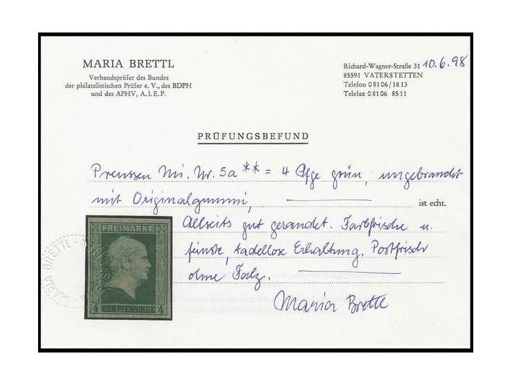 1856, 4 Pf. dunkelgrünlicholiv, farbfrisch und allseits gut gerandet, postfrisch, Kabinett, Befund Brettl ex Dr. Rueger