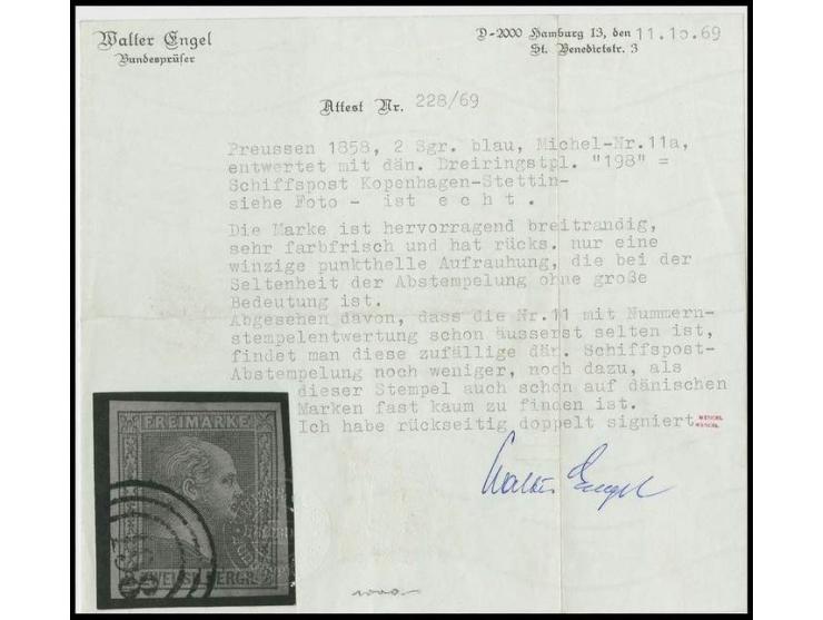 2 Sgr. blau, allseits breitrandig mit seltener Entwertung durch den raren dänischen Nummernstempel "198" der Schiffspost Kope