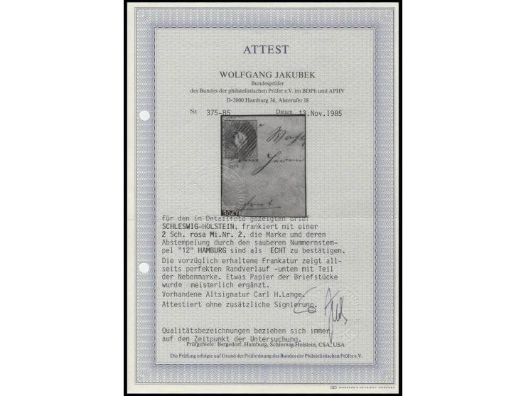 2 Sch. lebhaftrosa, farbfrisch und allseits vollrandig, unten mit kleinem Teil der Nachbarmarke, mit klarem Roststempel "12" 