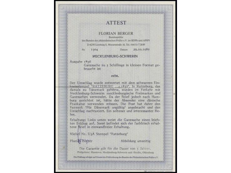 Ganzsachenumschlag 3 Sch. gelb mit Aufgabestempel "RATZEBURG 4.?.1857 nach Hamburg, Postsendungen aus den im Herzogtum Lauenb