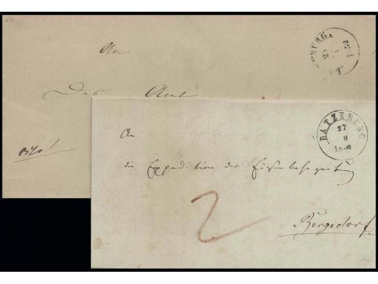 Faltbrief von "RATZEBURG 27 9 1852" nach Bergedorf mit rotem L2 Ankunftsstempel "BERGEDORF 28.9.", dazu eine Faltbriefhülle v