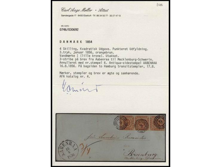4 S. orangebraun im waagerechten 3er-Streifen mit Nummernstempel "6" auf Brief mit nebengesetztem EKr. "AABENRAA 16 8 1856" n