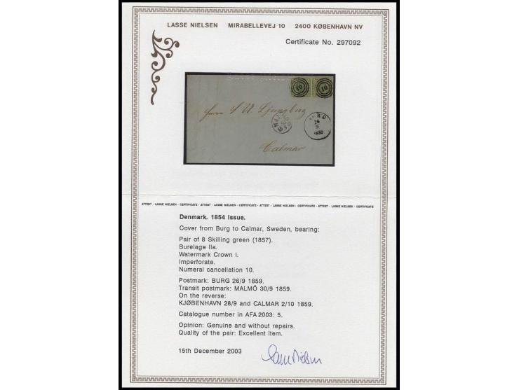 8 S. grün im waagerechten Paar allseits gut gerandet mit Nummernstempel "10" und nebengesetztem EKr. "BURG 26 9 1859" auf Fal