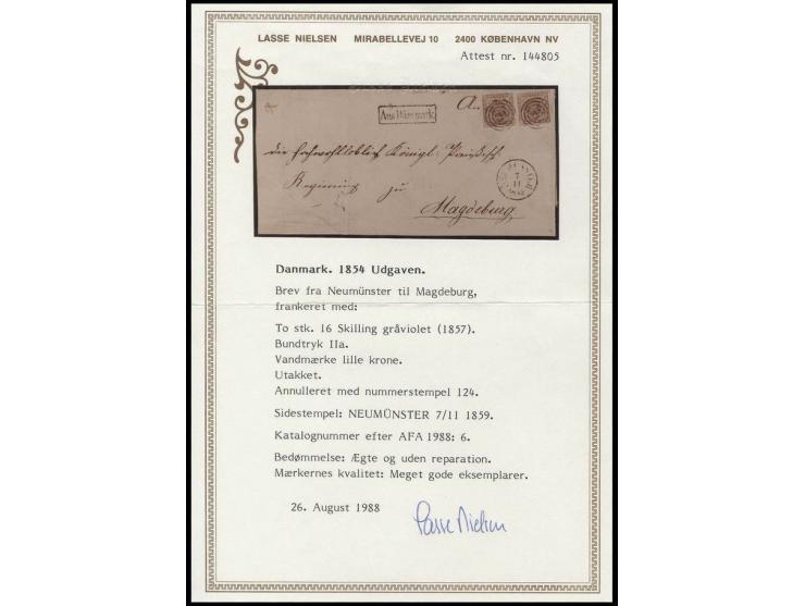 16 S. gräulichviolett, zwei Einzelwerte je knapp- bis vollrandig mit Nummernstempel "124" auf Faltbriefhülle mit nebengesetzt
