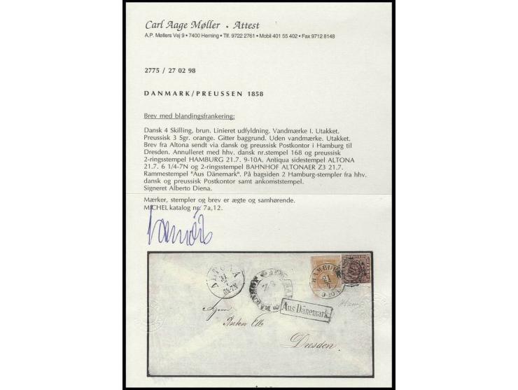 4 S. braun in Mischfrankatur mit Preußen 1858 3 Sgr. gelborange, beide Marken farbfrisch und allseits gut gerandet, mit Numme