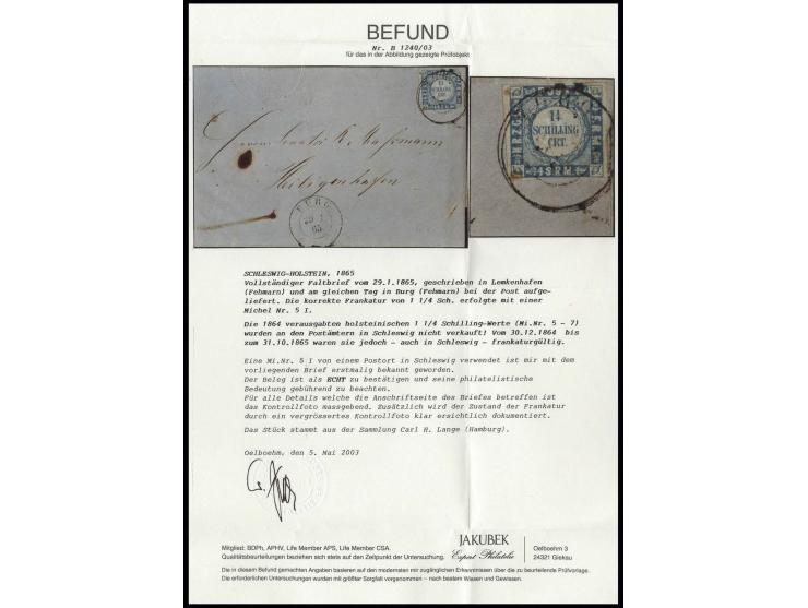 1¼ S. grauultramarin mit DKr. "BURG 29.1.65" auf Faltbrief nach Heiligenhafen. Die Holsteiner/Lauenburger Marken sind im Herz