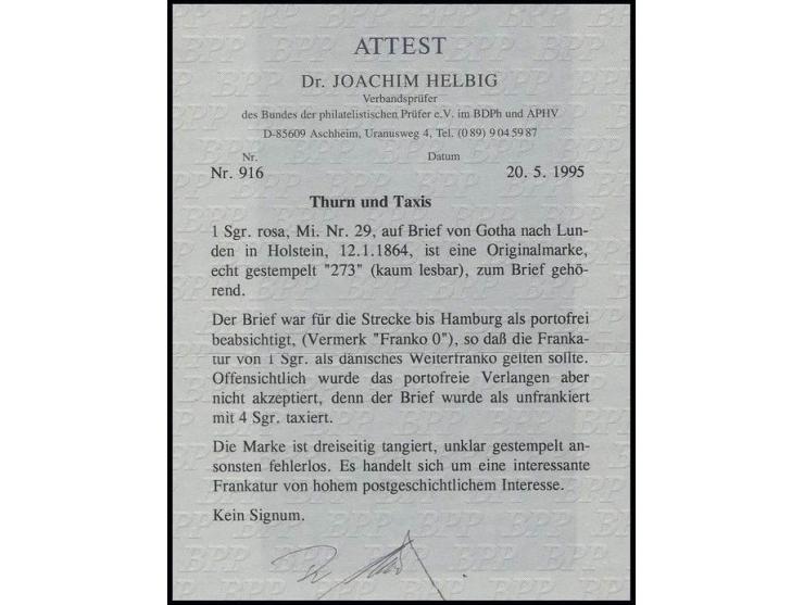 1 Sgr. rosa in berührtem Schnitt mit schwachem Nummernstempel "273" auf Umschlag mit "Franko 0-Vermerk" von "GOTHA 12 1 1864"