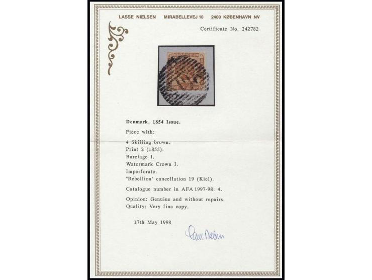 DÄNISCHE POSTVERWALTUNG: "19" (KIEL), klarer Roststempel auf Dänemark 1855, 4 S. orangebraun, allseits vollrandig auf Briefst