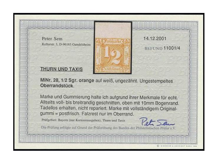 ½ Sgr. auf orange, Oberrandstück mit 10mm Bogenrand, farbfrisch und allseits voll- bis breitrandig, postfrisch bzw. Falz im O