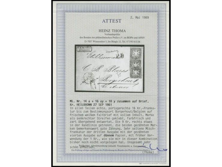 9 Kr. karmin, rechts leicht berührt, in Mischfrankatur mit 1861, 1 Kr. braun und 6 Kr. grün, beide sehr gut gezähnt, alle Wer