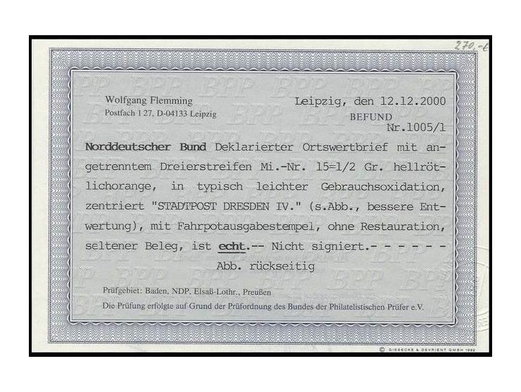½ Gr. orange im waagerechten 3er-Streifen (oxidiert) mit klarem Sachsen-Ra3 "STADTPOST/DRESDEN IV. / 26 II 71" auf Orts-Wertb