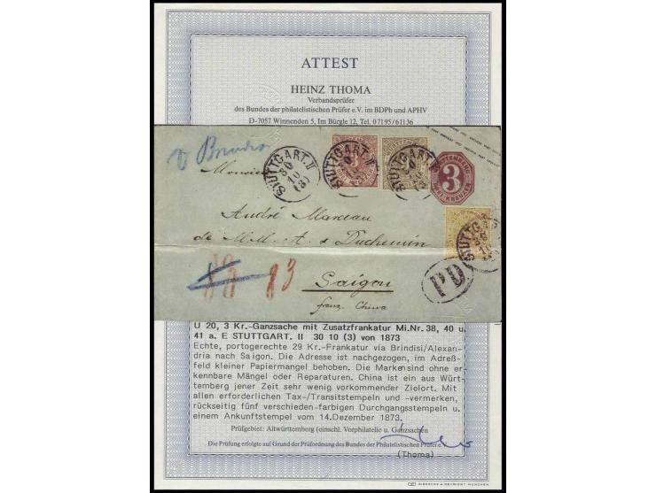 1869, 3 Kreuzer rosa, 9 Kreuzer braun und 14 Kreuzer gelborange, alle farbfrisch und gut durchstochen als Zufrankatur auf Gan