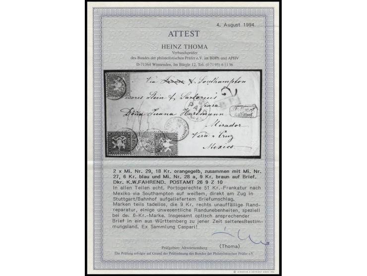 1863, 18 Kreuzer orangegelb, 2 Einzelwerte mit 6 Kreuzer blau und 9 Kreuzer braun (unauffällige kleine Randreparatur) mit DKr