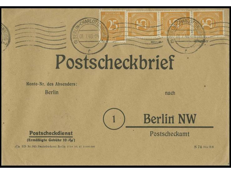 25 Pfg. im senkrechten 3er-Streifen und Einzelwert als portogerechte Mehrfachfrankatur auf POSTSCHECKBRIEF von "BERLIN-CHARLO