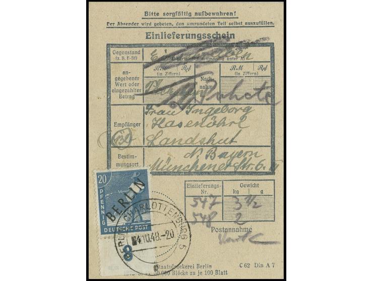 20 Pfg. mit Unterrand auf Posteinlieferungsschein aus "BERLIN-CHARLOTTENBURG 4.10.48" für 2 Pakete nach Landshut, Formular mi