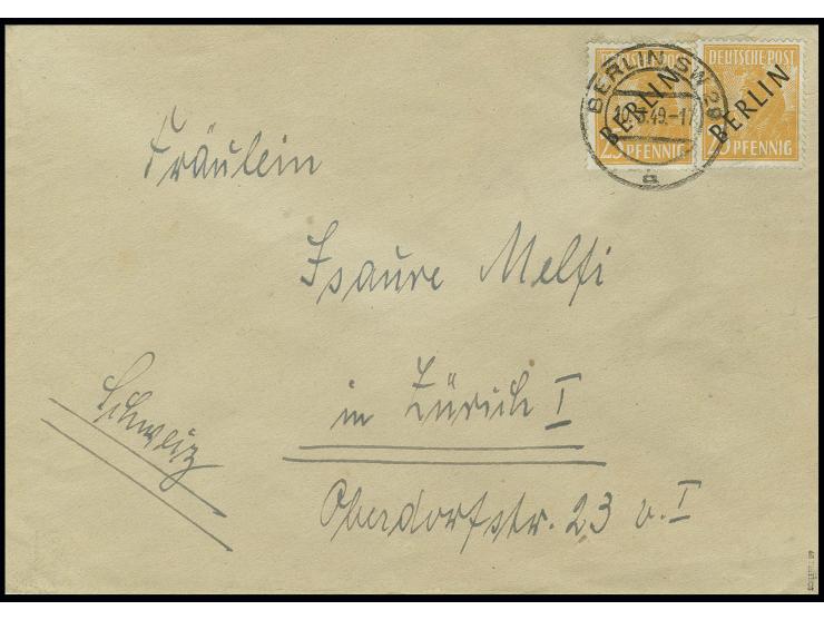 25 Pfg., 2 Stück als portogerechte Mehrfachfrankatur auf Brief von "BERLIN SW 29 10.3.49" nach Zürich, rechte Marke mit Bug u