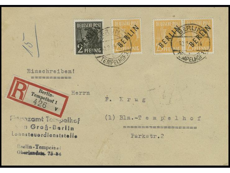 25 Pfg. im waagerechten Paar und Einzelwert sowie 2 Pfg. auf Einschreibe-Brief von "BERLIN-TEMPELHOF 10.2.49" im eigenen Zust