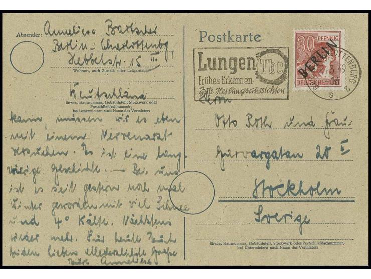 30 Pfg. als portogerechte Einzelfrankatur auf Postkarte von "BERLIN-CHARLOTTENBURG 2 2.3.49" mit viel Text nach Stockholm