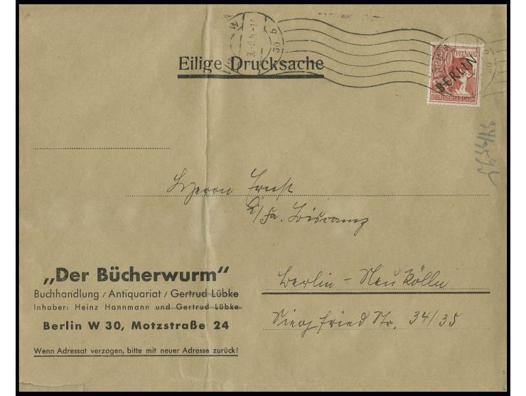 30 Pfg. als portogerechte Einzelfrankatur auf Drucksachen-Streifband bis 250 g von "BERLIN 9.3.48" nach Berlin-Neukölln, Befö