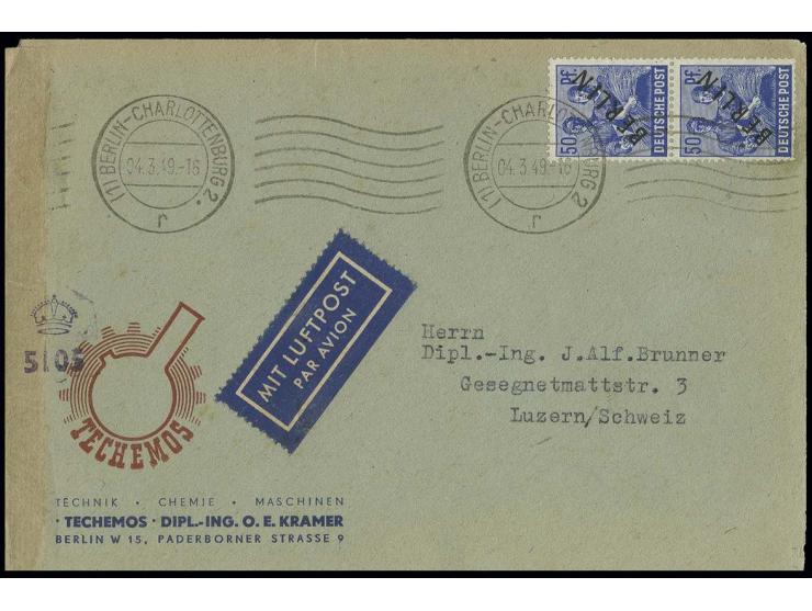 50 Pfg. im senkrechten Paar als portogerechte Mehrfachfrankatur auf IAS-Luftpostbrief von "BERLIN-CHARLOTTENBURG 2 4.3.49" mi