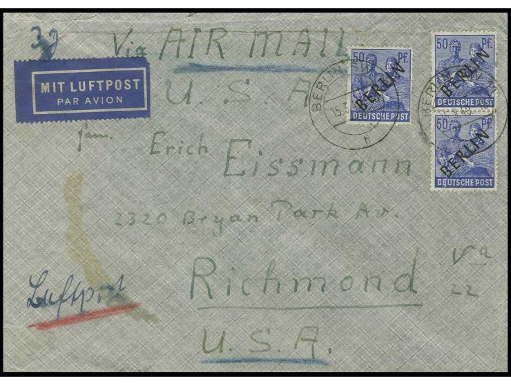 50 Pfg. im senkrechten Paar und Einzelwert auf IAS-Luftpostbrief bis 10 g von "BERLIN SW 11 15.3.49" via Frankfurt in die USA