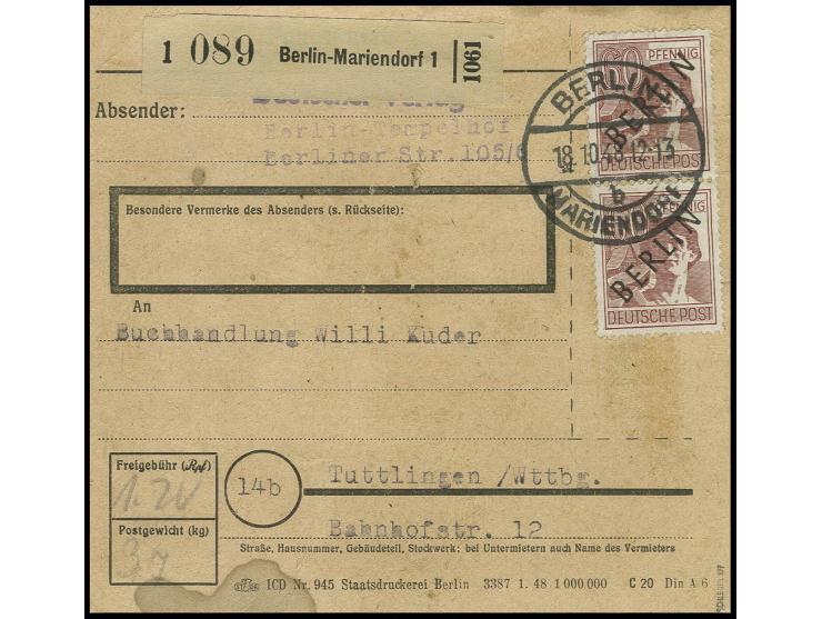 60 Pfg im senkrechten Paar auf Paketkarte von "BERLIN-MARIENDORF 1 18.10.48" nach Tuttlingen mit Ankunftsstempel vom 25.10., 