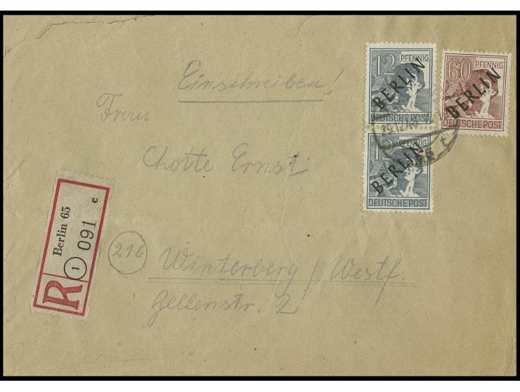 60 Pfg. und 12 Pfg. im senkrechten Paar als portogerechte Frankatur auf Einschreibe-Brief von "BERLIN N 65 29.12.48" nach Win