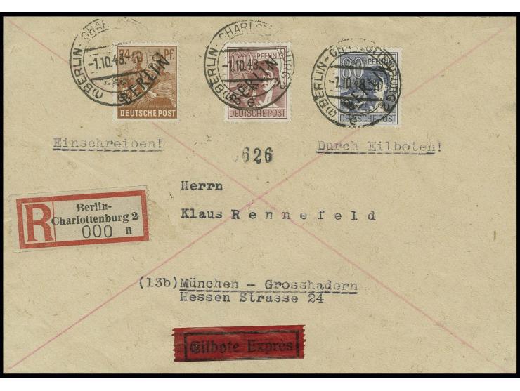 80 Pfg., 60 Pfg. und 24 Pfg. als portogerechte Frankatur auf Einschreibe-Eilboten-Brief von "BERLIN-CHARLOTTENBURG 2 1.10.48"