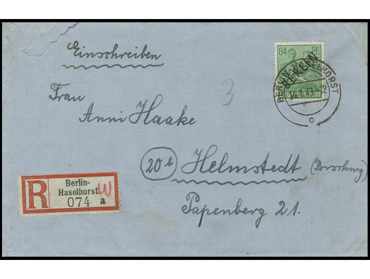 84 Pfg. als portogerechte Einzelfrankatur auf Einschreibe-Brief von "BERLIN-HASELHORST 14.1.48" nach Helmstedt mit Ankunftsst