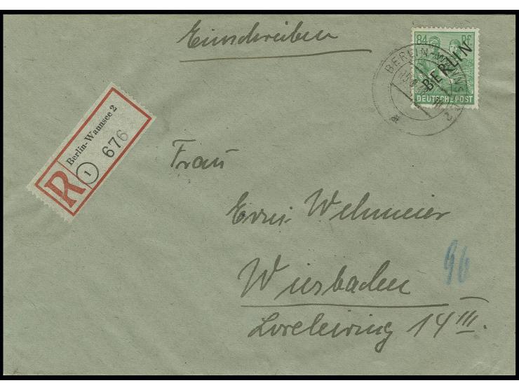 84 Pfg. als portogerechte Einzelfrankatur auf Einschreibe-Brief von "BERLIN-WANNSEE 2 15.9.48" nach Wiesbaden mit Ankunftsste