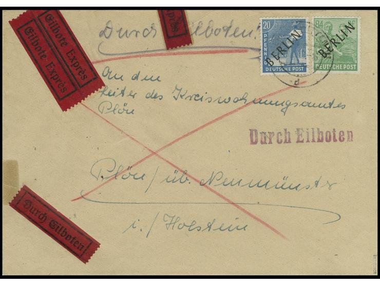 84 Pfg. und 20 Pfg. als portogerechte Frankatur auf Eilboten-Brief von "BERLIN-WITTENAU 16.3.49" über Hamburg nach Plön mit A