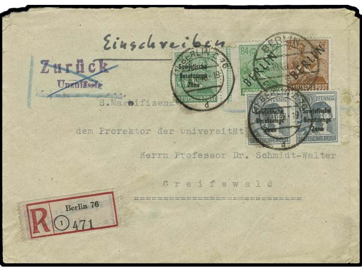 84 Pfg. und 24 Pfg. als portogerechte Frankatur auf Einschreibe-Brief von "BERLN-CHARLOTTENBURG 4 4.10.48" nach Greifswald mi