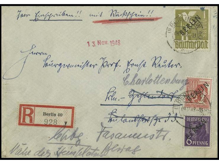 1 M., 30 Pfg. und 6 Pfg. als portogerechte Frankatur auf Einschreibe-Rückschein-Brief von "BERLIN-NW 40 9.11.48" nach Berlin-