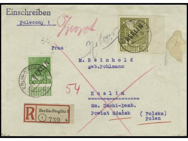 1 M. mit rechtem Rand und 10 Pfg. als portogerechte Frankatur auf Einschreibe-Brief von "BERLIN-STEGLITZ 1 4.12.49" nach Kosl