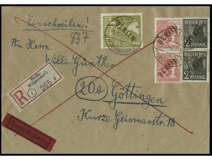 1 M., 30 Pfg. (2) und 2 Pfg. (2) als portogerechte Frankatur auf Einschreibe-Eilboten-Brief von "BERLIN-WILMERSDORF 5.10.48" 