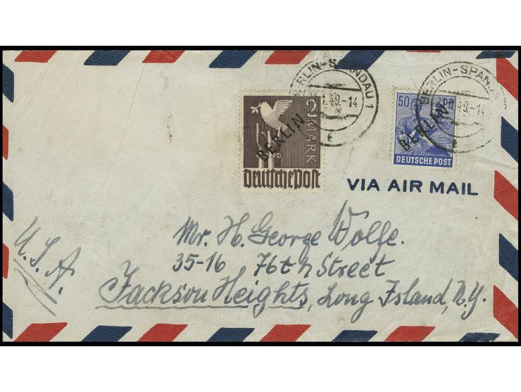 2 M. und 50 Pfg. als portogerechte Frankatur auf IAS-Luftpostbrief bis 20 g von "BERLN-SPANDAU 21.1.49" in die USA, Umschlag 