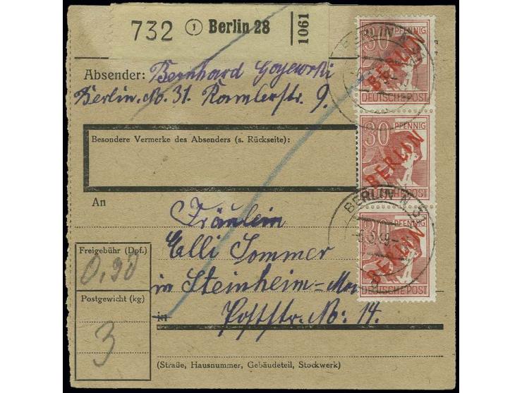 30 Pfg. im senkrechten 3er-Streifen als portogerechte Mehrfachfrankatur auf Paketkarte von "BERLIN N 31 6.5.49" nach Steinhei