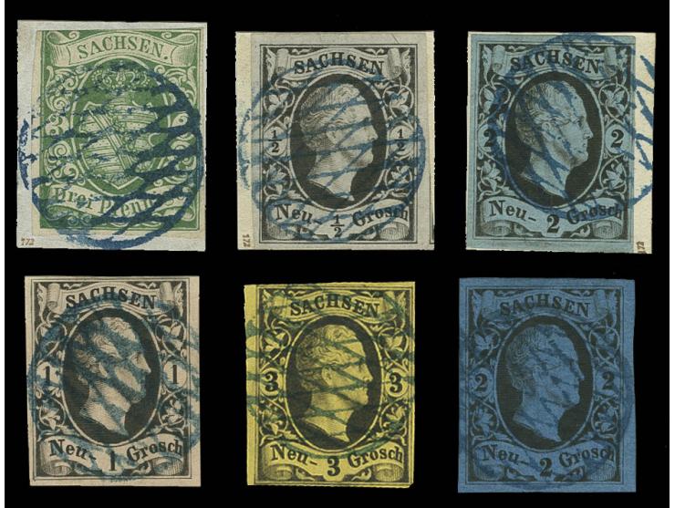 Blauer Vollgitterstempel auf Wappen 3 Pfennige grün sowie Friedrich-August ½-3 Neugroschen komplett einschließlich der Farbän