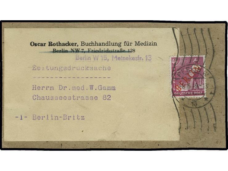 40 Pfg. als portogerechte Einzelfrankatur auf komplettem Adressenträgerteil für eine Zeitungsdrucksache bis 1000 g von "BERLI