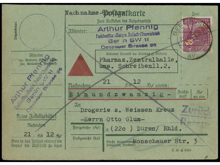 40 Pfg. als portogerechte Einzelfrankatur auf Nachnahme-Karte von "BERLIN SW 11 13.7.49" nach Düren und zurück, Zahlkarte anh