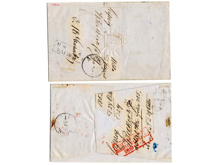 "Aus Sachsen", Ra. in rot bzw. schwarz auf 2 Briefhüllen von Leipzig nach Lauban, je frankiert mit Friedrich-August 3 Neugros