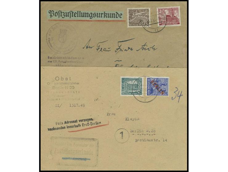 1949/51, 50 Pfg. und Bauten 5 Pfg. sowie Bauten 40 Pfg. und 15 Pfg. auf 2 Briefen mit Zustellungsurkunden von "BERLIN N 20 24