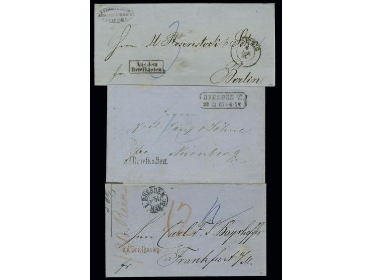 "a.d. Briefkasten" in rot und schwarz sowie Ra. "Aus dem Briefkasten" auf 3 unfrankierten und taxierten Briefhüllen nach Nürn