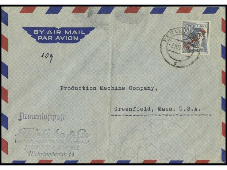 80 Pfg. als portogerechte Einzelfrankatur auf "Firmen-Luftpost"-Brief bis 10 g von "BERLIN SW 61  7.10.49" mit entsprechendem