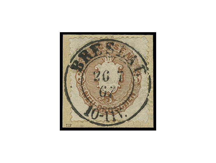 "BRESLAU 26 7 67", preußischer DKr. auf Wappen 3 Neugroschen braun auf Briefstück; eine seltene Fremdverwendung, wahrscheinli