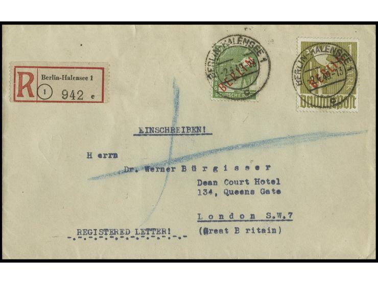 1 M. und 10 Pfg. als portogerechte Frankatur auf Einschreibe-Brief von "BERLIN-HALENSEE 1 2.4.49" nach London, leichte Bugspu