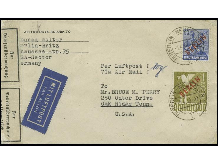 1 M. und 50 Pfg. auf IAS-Luftpostbrief bis 20 g von "BERLIN-NEUKÖLLN 1.4.50" mit Verschlusszetteln der Devisenüberwachung via