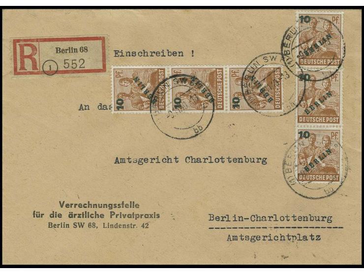 10 Pfg., 2 senkrechte 3er-Streifen als portogerechte Mehrfachfrankatur auf Einschreibe-Brief von "BERLIN SW 68 9.11.49" nach 